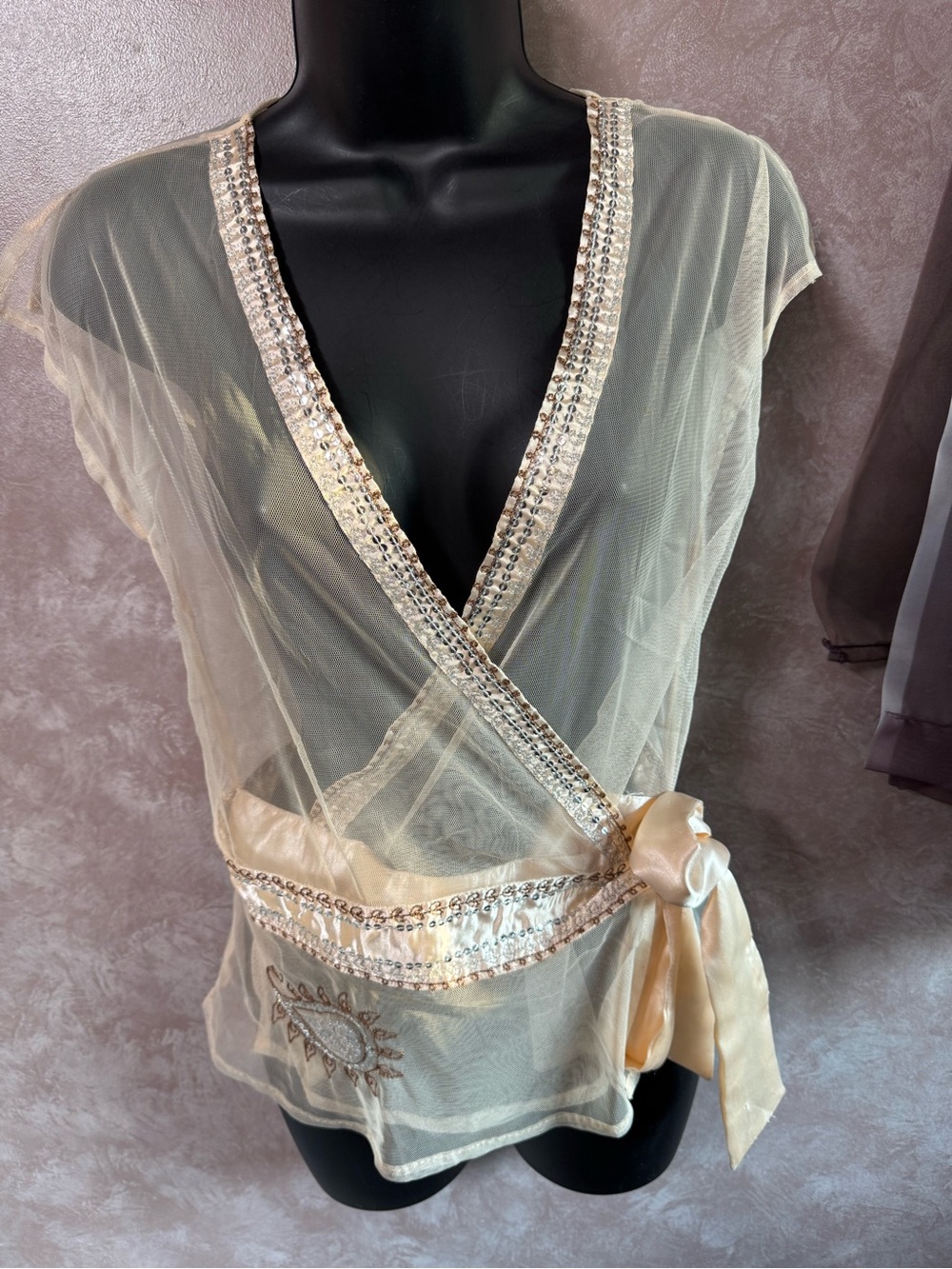 Vintage Y2K Sheer Embellished Wrap Top in Cream